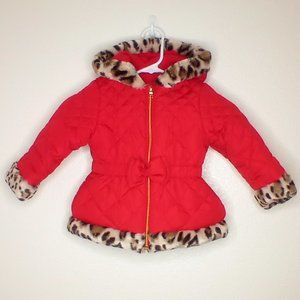 "Pistachio" Girls Quilted Hooded Coat Red & Animal Fur Trim (3T)